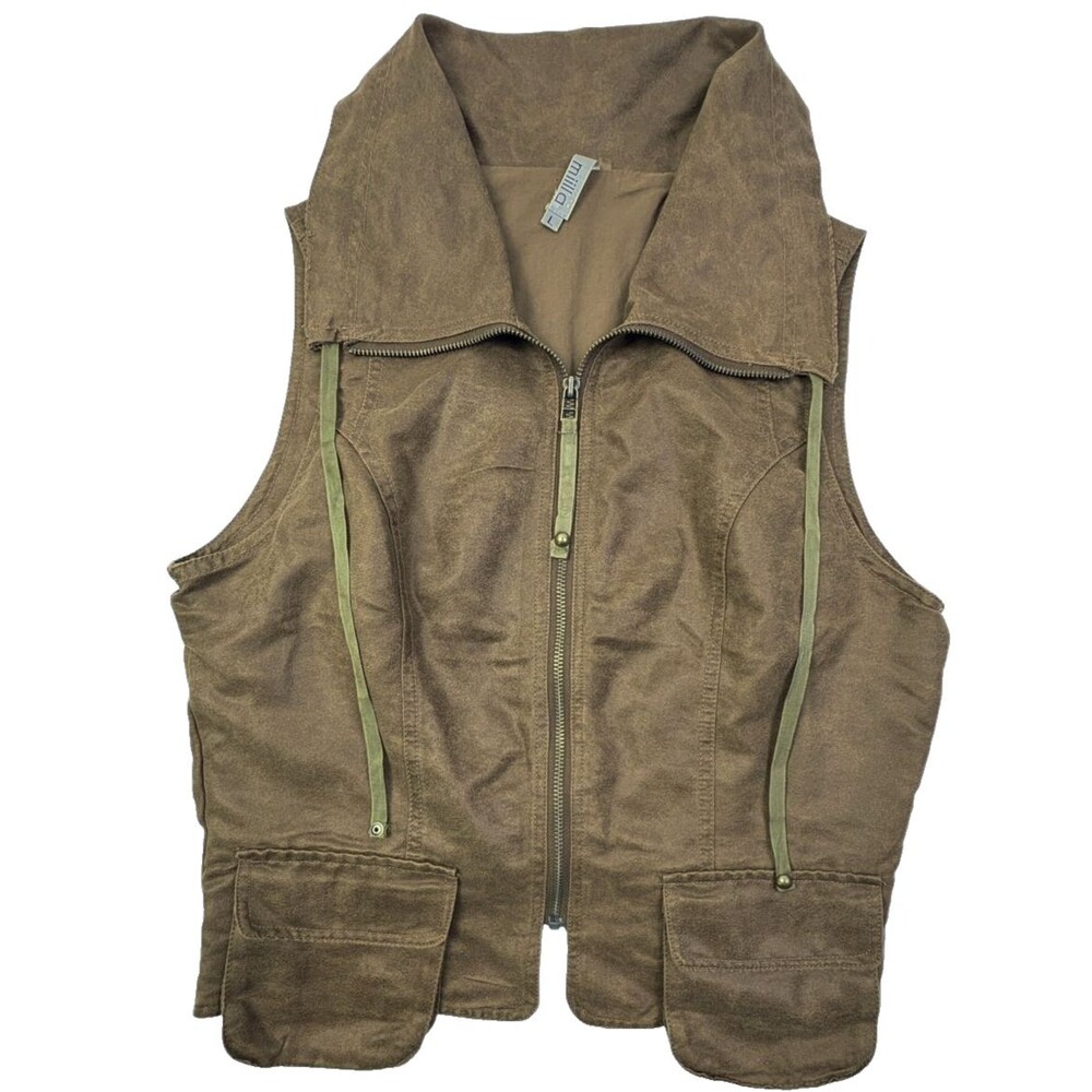 Y2K Steampunk Brown Utility Vest Cargo Pockets Cinch Back Miilla Large